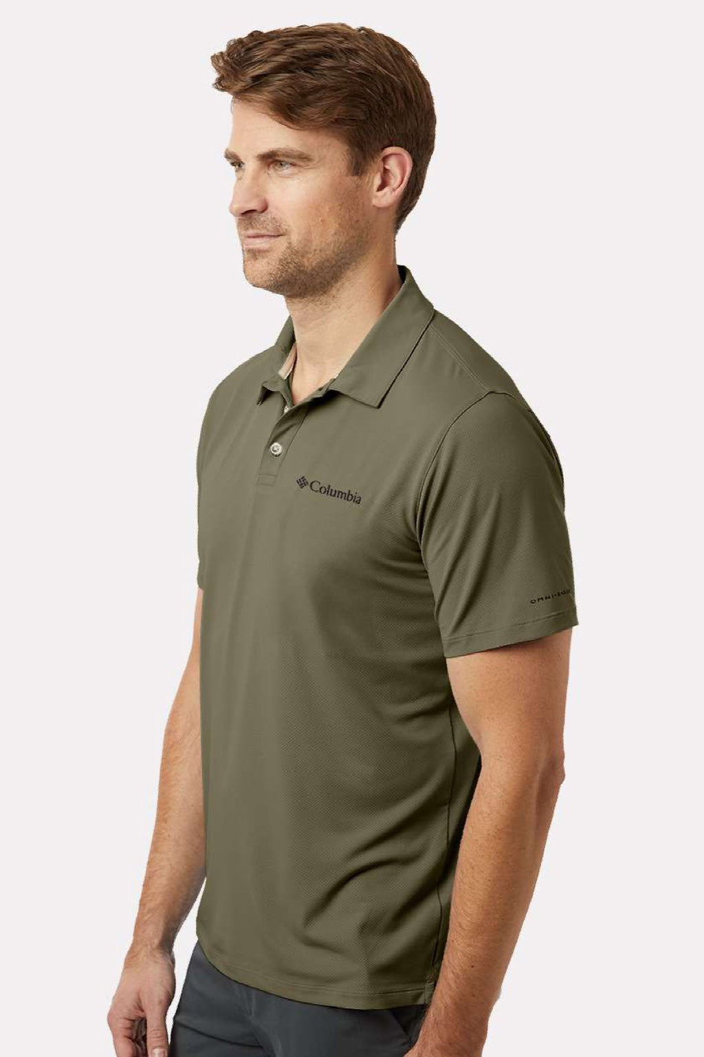 Columbia 211856 Mens Tech Trail Utility Short Sleeve Polo Shirt Stone Green Model Side