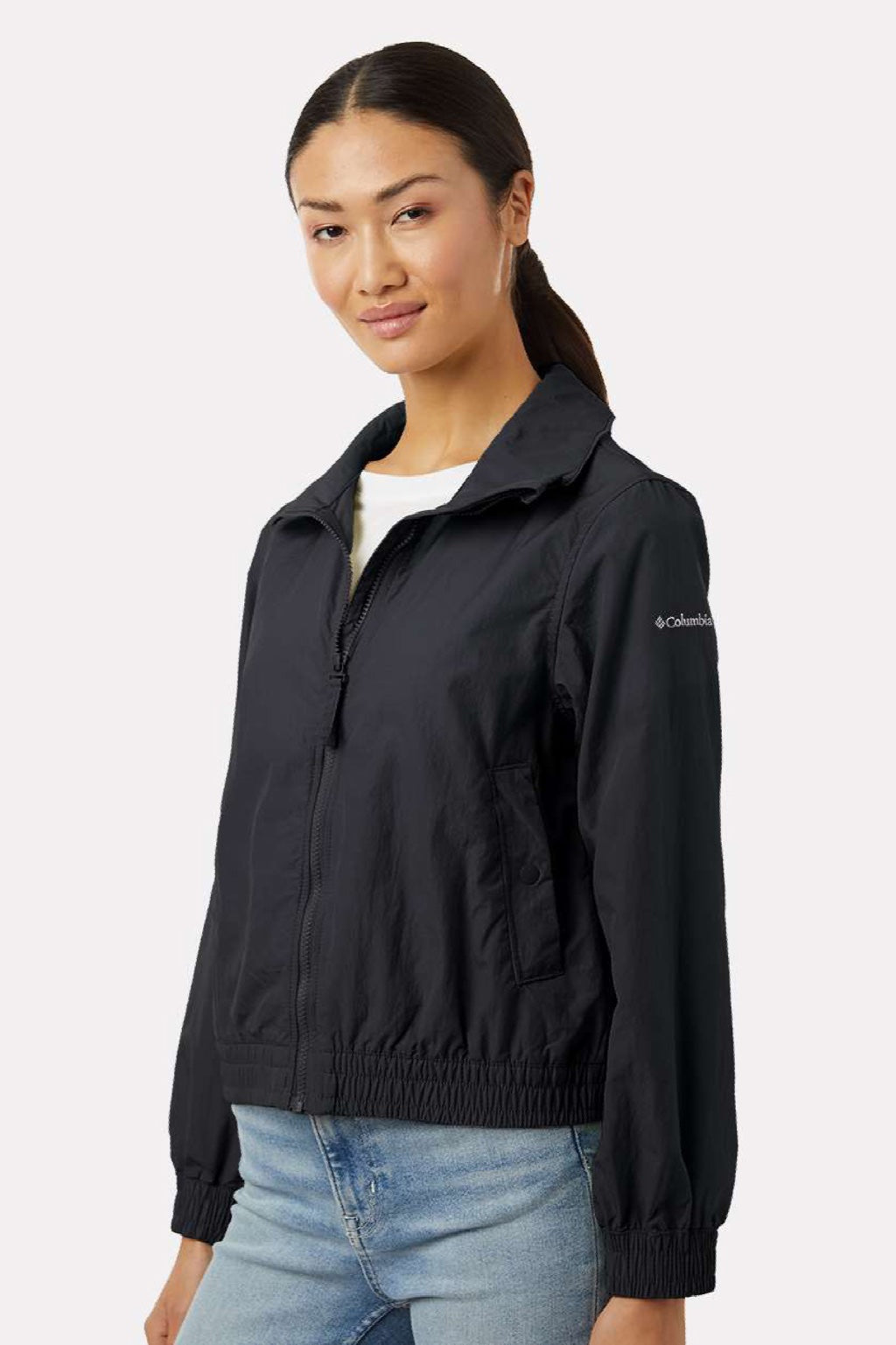 Columbia 211658 Womens Time Is Right II Full Zip Windbreaker Jacket Black Model Side