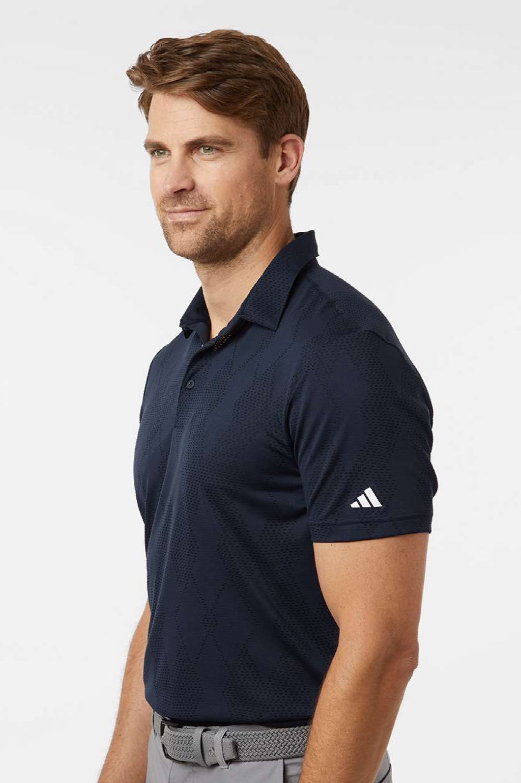 Adidas A2008 Mens Ultimate Textured Short Sleeve Polo Shirt Collegiate Navy Blue Model Side