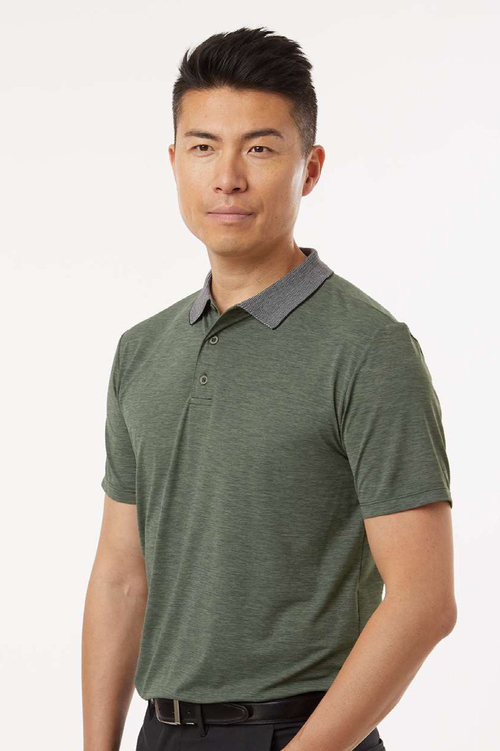 Anetik MPTNTS0 Mens Transit Tech Short Sleeve Polo Shirt Heather Dark Olive Green Model Side