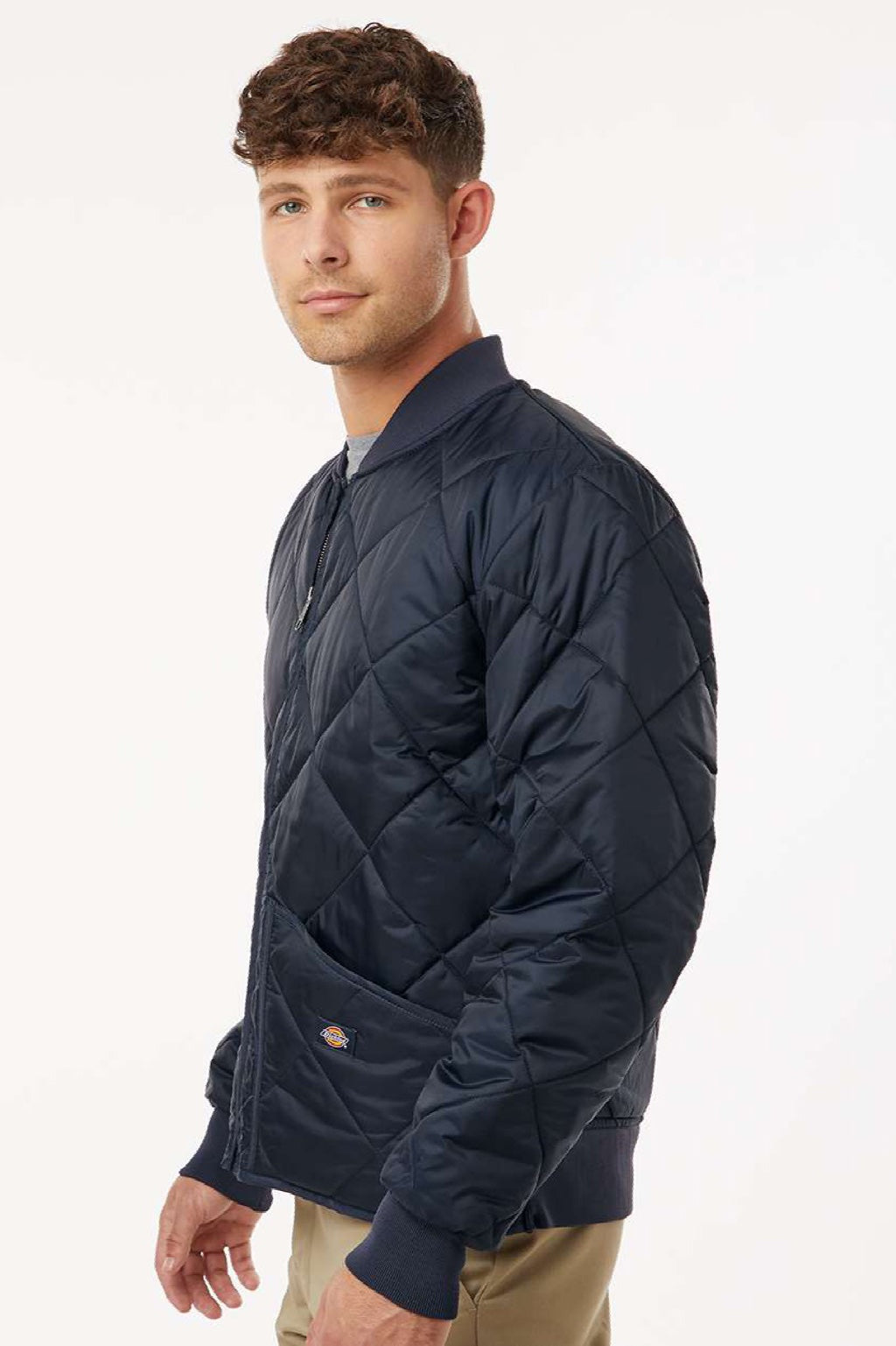 Dickies 6124 Mens Diamond Quilted Full Zip Jacket Dark Navy Blue Model Side