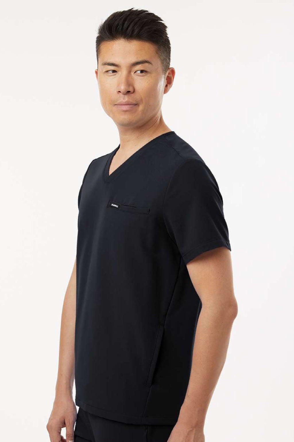 Jaanuu M10002 Unisex Platt 3 Pocket V-Neck Scrub Top Black Model Side