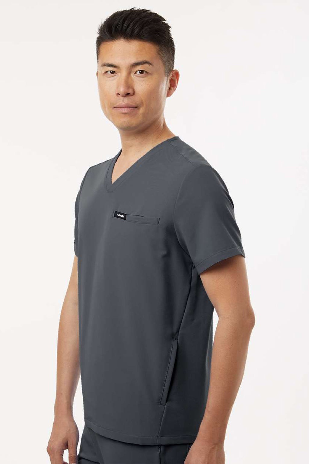 Jaanuu M10002 Unisex Platt 3 Pocket V-Neck Scrub Top Carbon Grey Model Side
