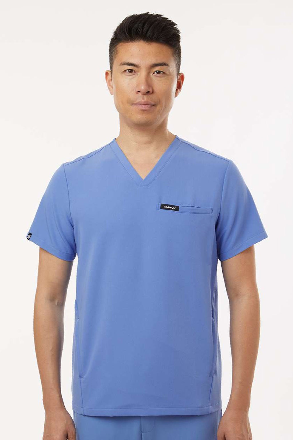 Jaanuu M10002 Unisex Platt 3 Pocket V-Neck Scrub Top Ceil Blue Model Front