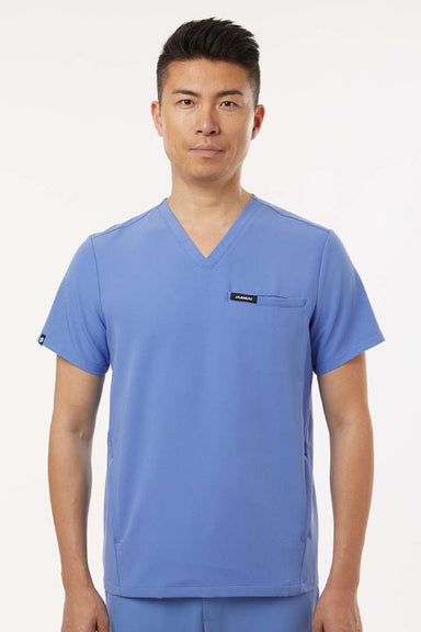 Jaanuu M10002 Unisex Platt 3 Pocket V-Neck Scrub Top Ceil Blue Model Front