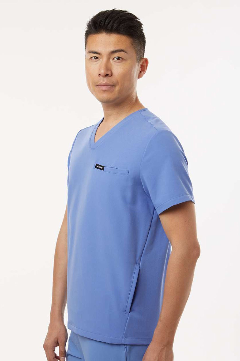 Jaanuu M10002 Unisex Platt 3 Pocket V-Neck Scrub Top Ceil Blue Model Side