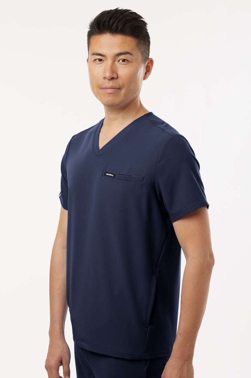 Jaanuu M10002 Unisex Platt 3 Pocket V-Neck Scrub Top Midnight Navy Blue Model Side