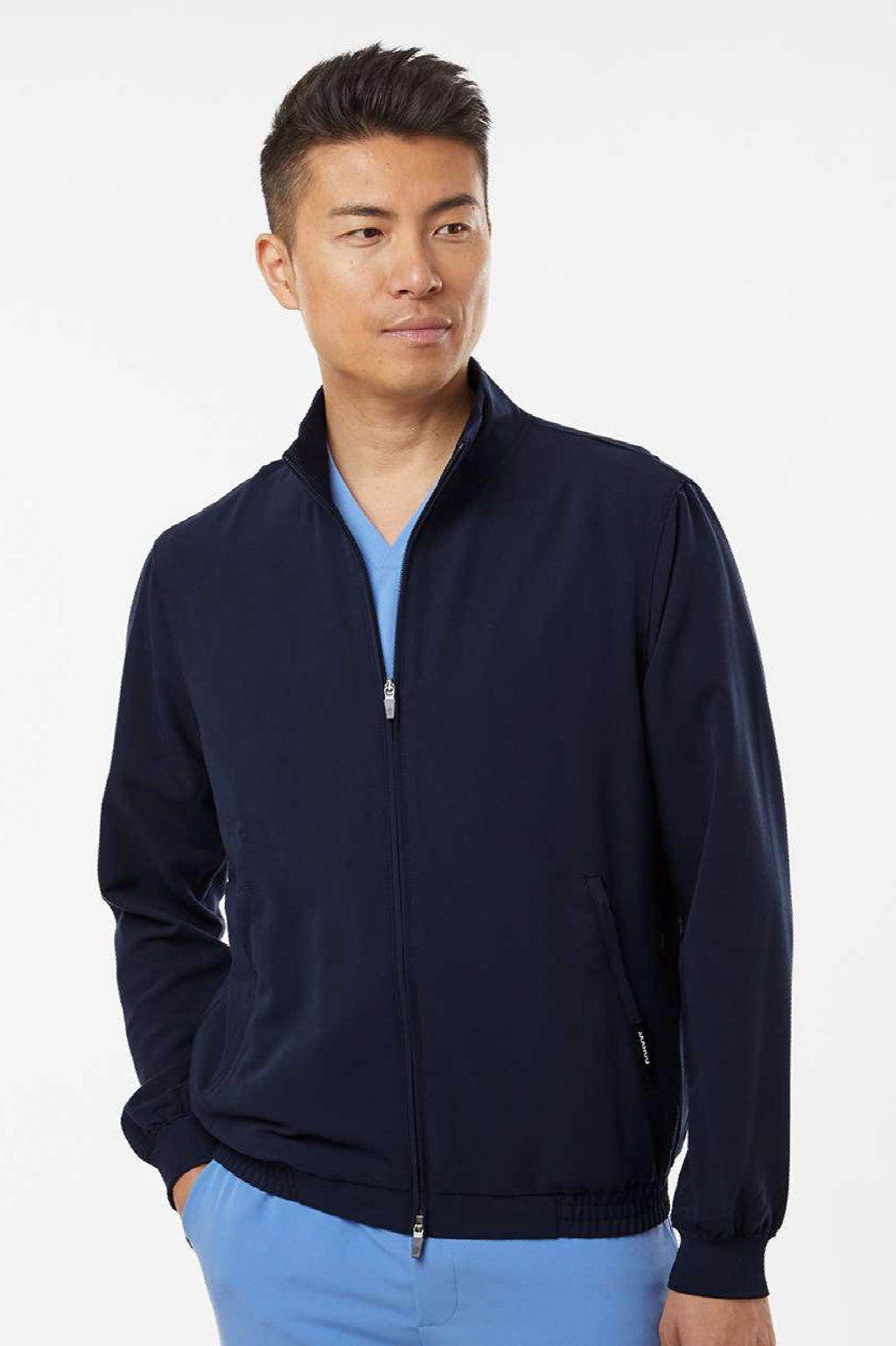 Jaanuu M60001 Unisex Wolfe Everyday 6 Pocket Full Zip Scrub Jacket Midnight Navy Blue Model Front