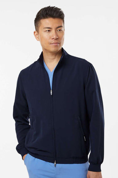 Jaanuu M60001 Unisex Wolfe Everyday 6 Pocket Full Zip Scrub Jacket Midnight Navy Blue Model Front