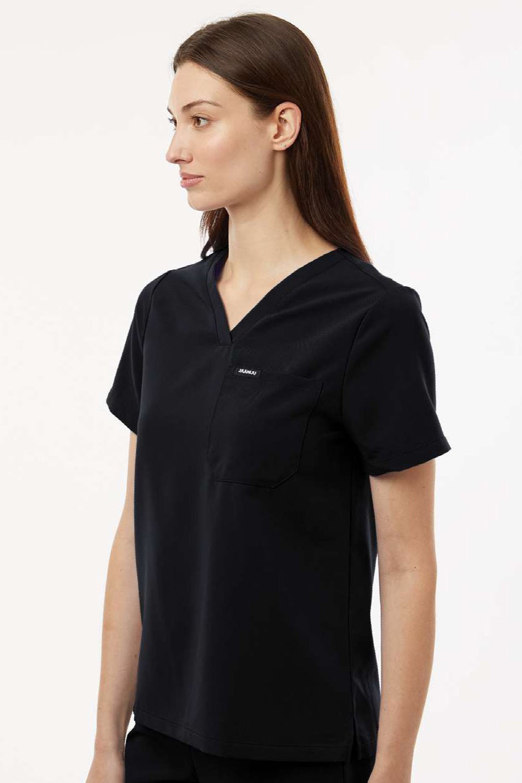 Jaanuu W10001 Unisex Rhena Essential 1 Pocket V-Neck Scrub Top Black Model Side