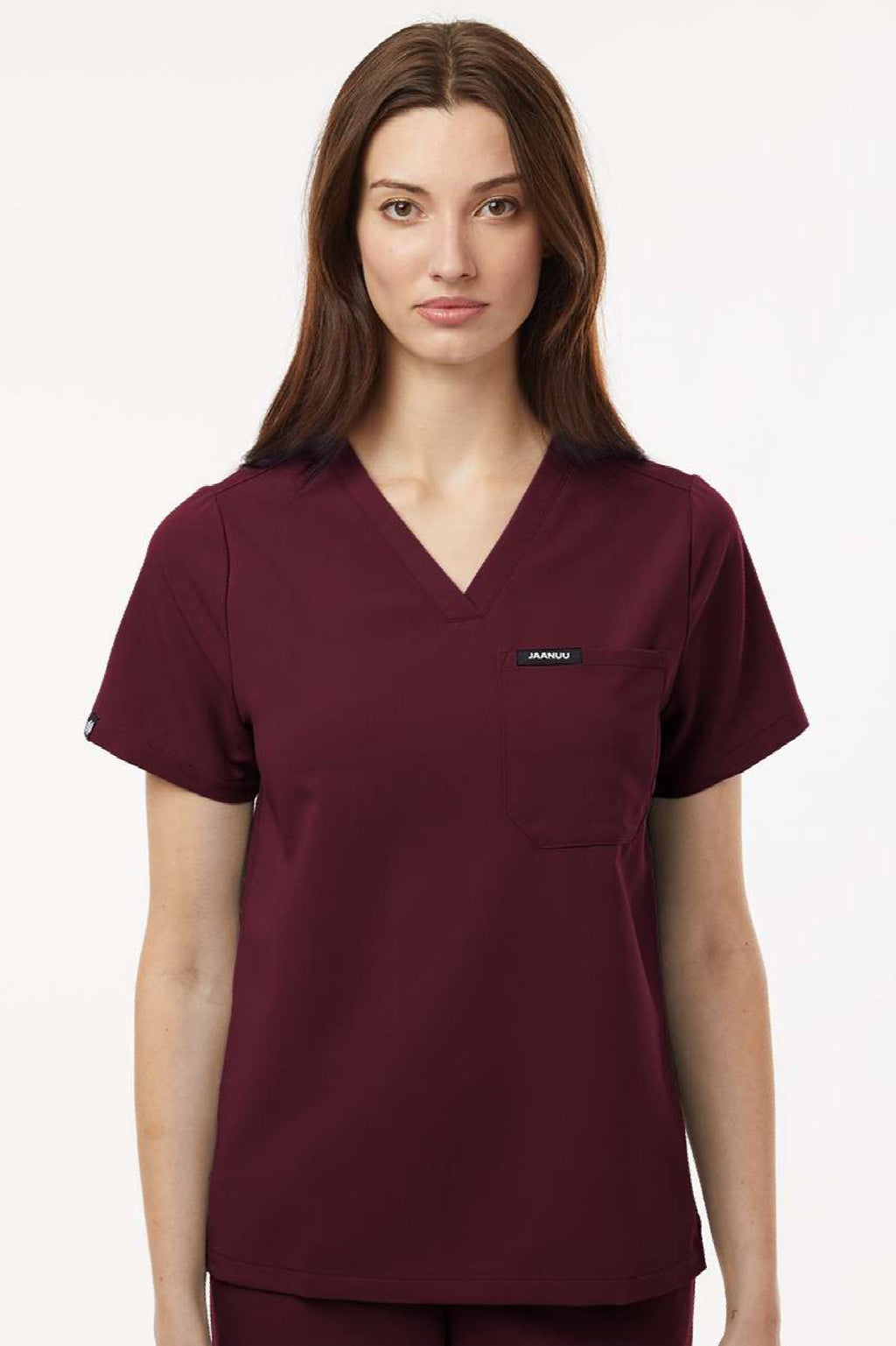 Jaanuu W10001 Unisex Rhena Essential 1 Pocket V-Neck Scrub Top Burgundy Model Front
