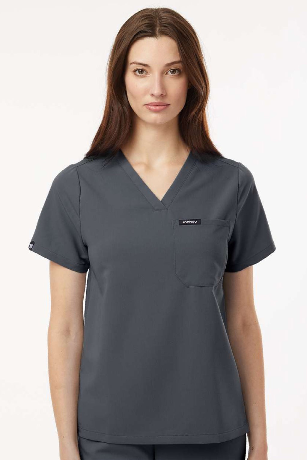 Jaanuu W10001 Unisex Rhena Essential 1 Pocket V-Neck Scrub Top Carbon Grey Model Front