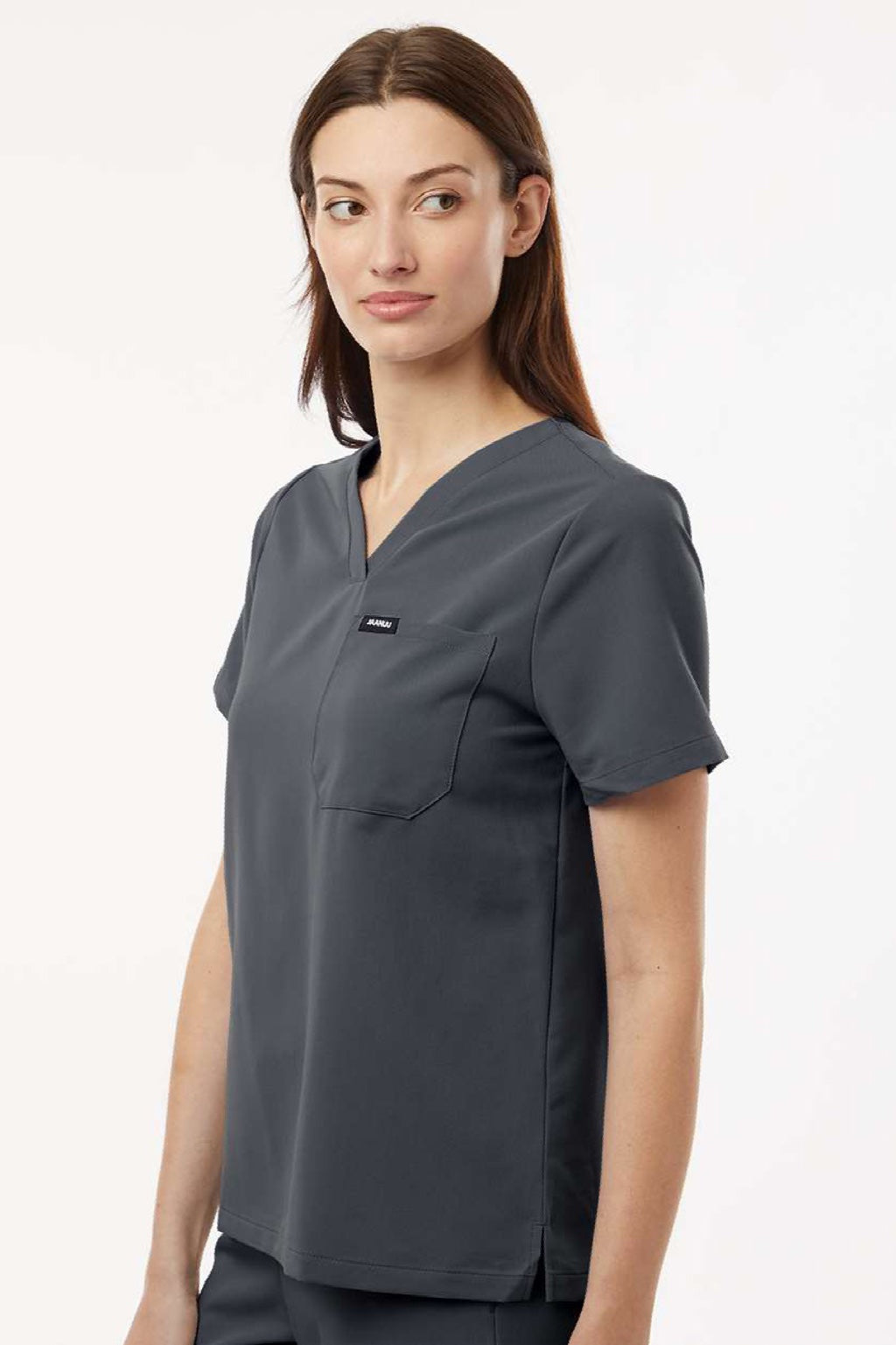 Jaanuu W10001 Unisex Rhena Essential 1 Pocket V-Neck Scrub Top Carbon Grey Model Side
