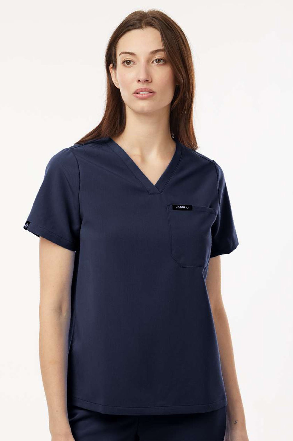 Jaanuu W10001 Unisex Rhena Essential 1 Pocket V-Neck Scrub Top Midnight Navy Blue Model Front