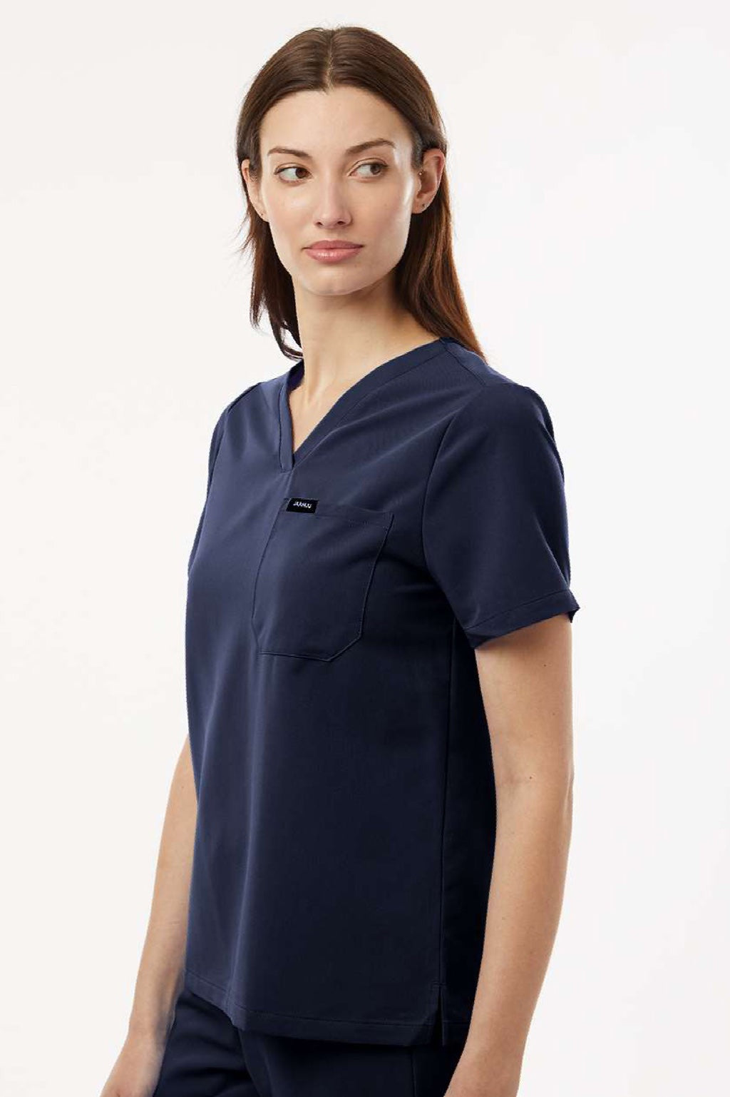 Jaanuu W10001 Unisex Rhena Essential 1 Pocket V-Neck Scrub Top Midnight Navy Blue Model Side