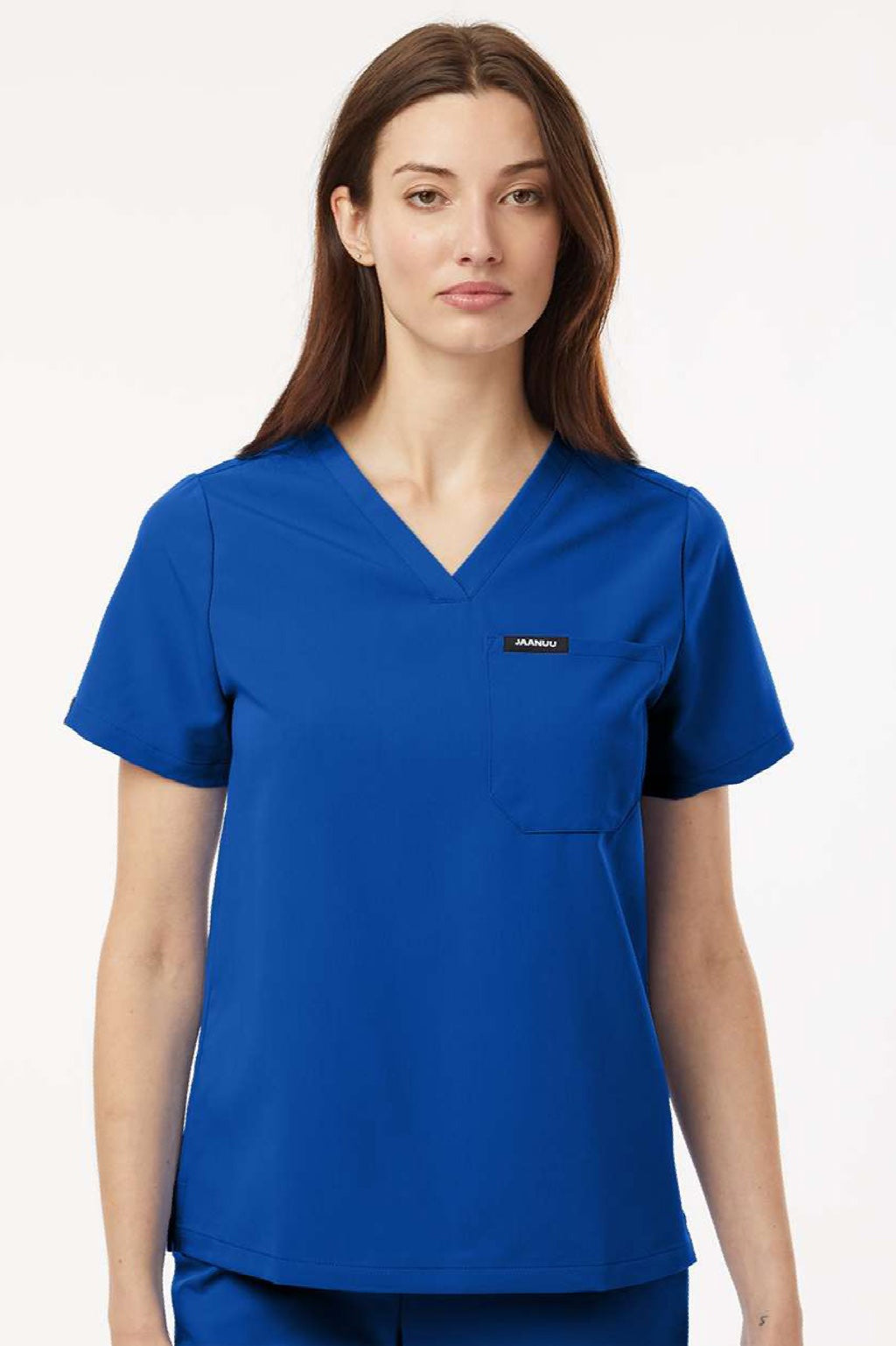 Jaanuu W10001 Unisex Rhena Essential 1 Pocket V-Neck Scrub Top Royal Blue Model Front