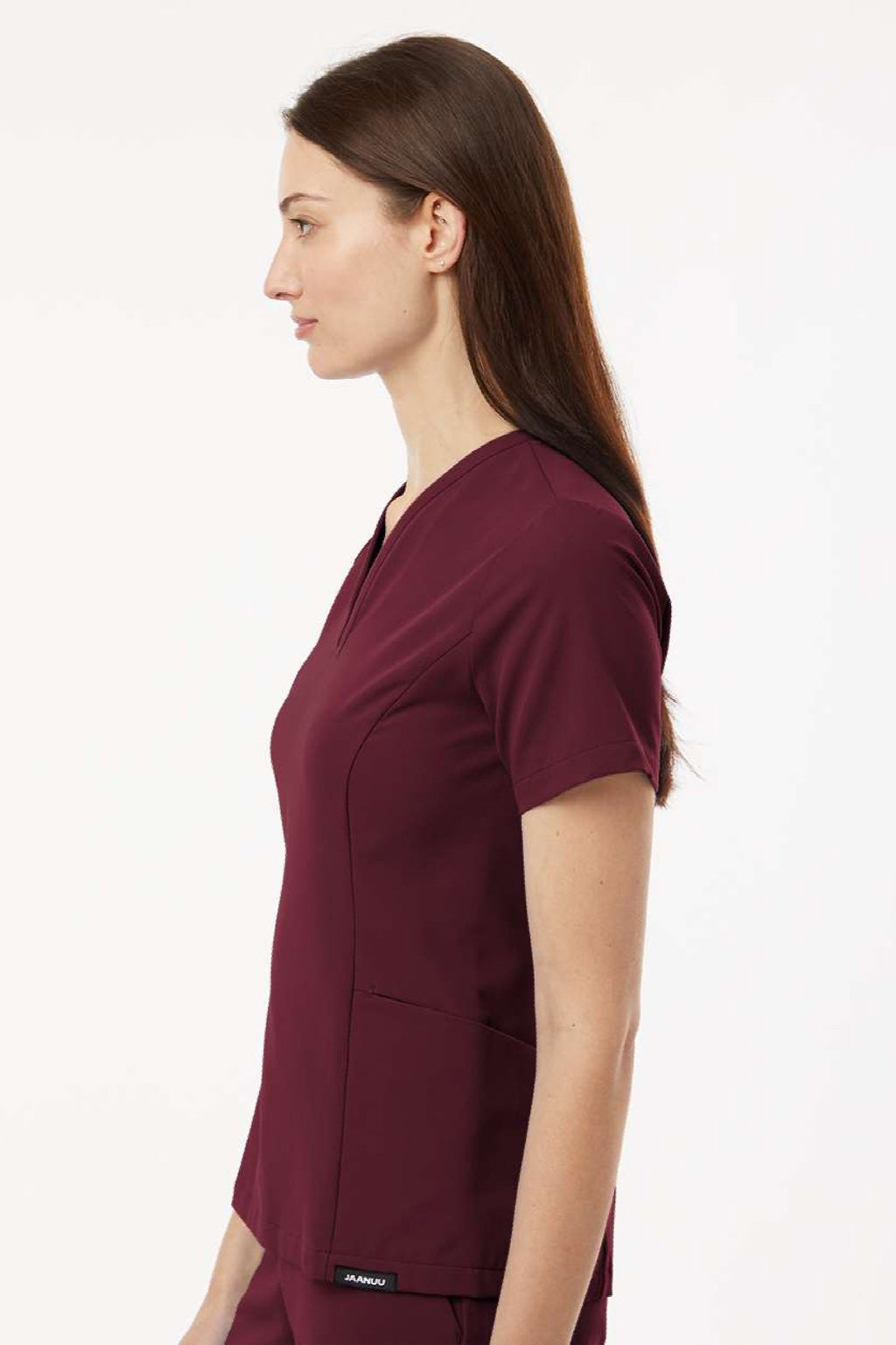 Jaanuu W10003 Unisex Calix Fit & Flare V-Neck Scrub Top Burgundy Model Side