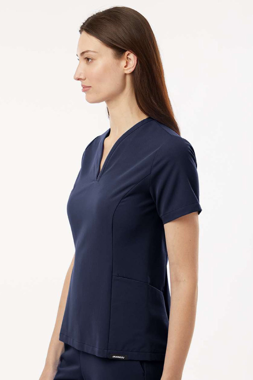 Jaanuu W10003 Unisex Calix Fit & Flare V-Neck Scrub Top Midnight Navy Blue Model Side