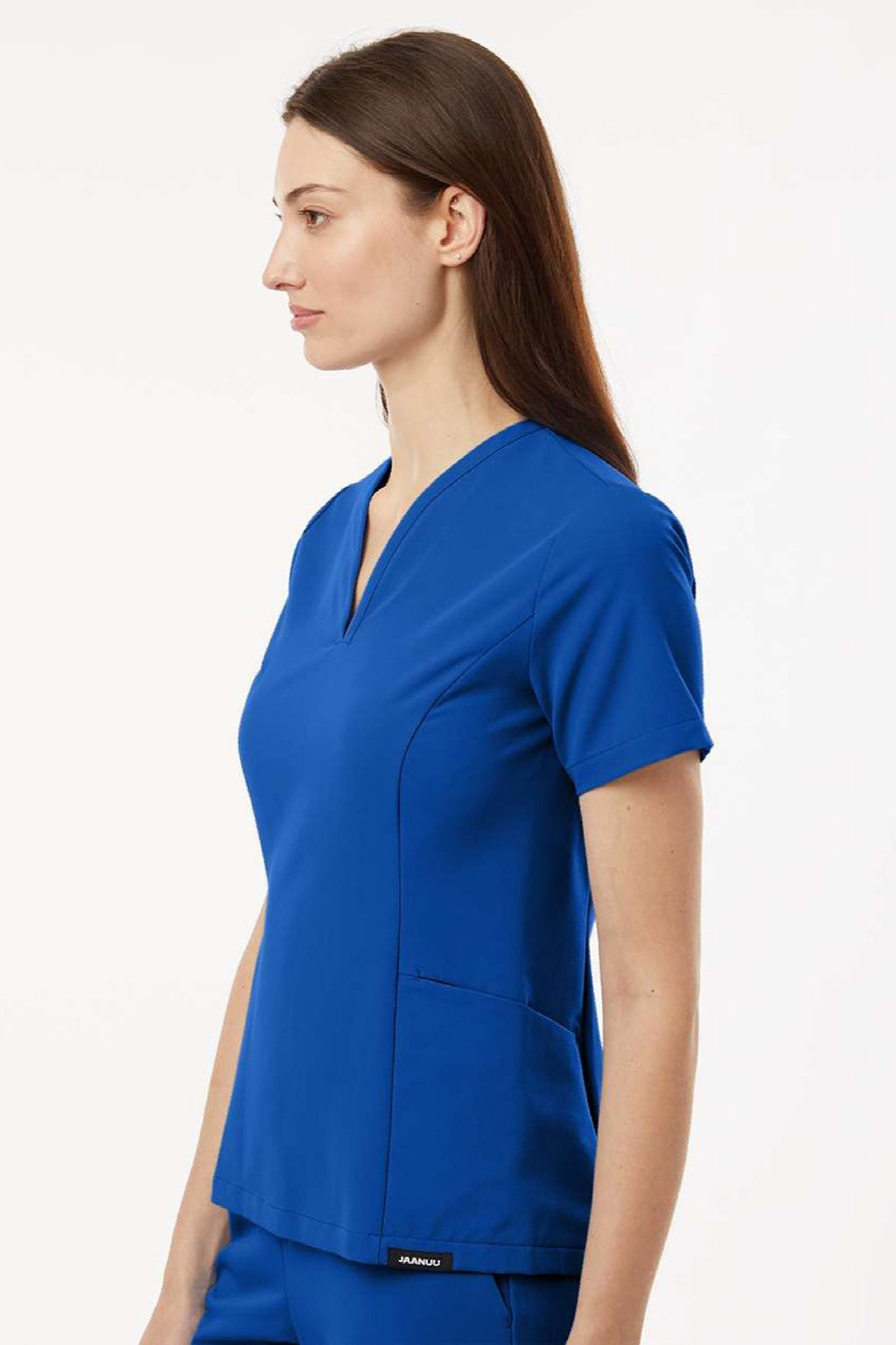 Jaanuu W10003 Unisex Calix Fit & Flare V-Neck Scrub Top Royal Blue Model Side