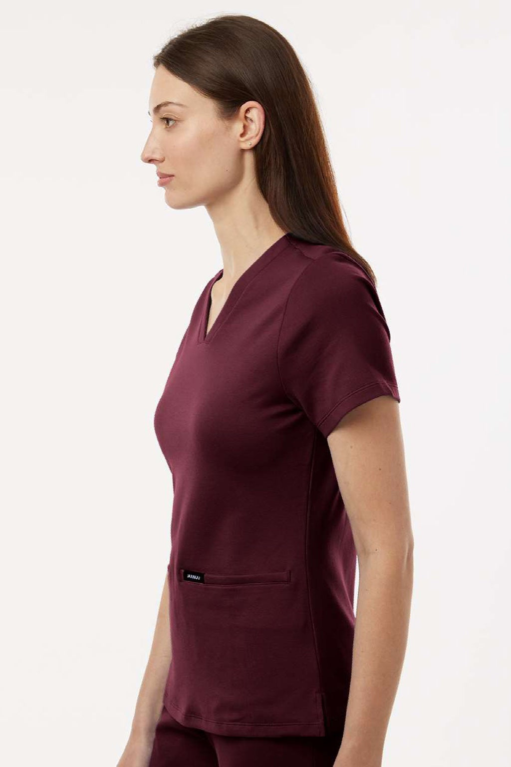 Jaanuu W30003 Unisex Cesi Ultrasoft V-Neck Scrub Top Burgundy Model Side