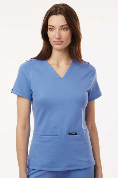 Jaanuu W30003 Unisex Cesi Ultrasoft V-Neck Scrub Top Ceil Blue Model Front
