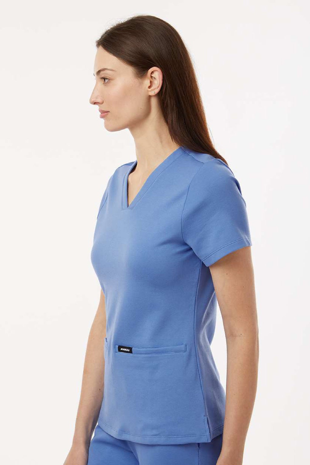 Jaanuu W30003 Unisex Cesi Ultrasoft V-Neck Scrub Top Ceil Blue Model Side