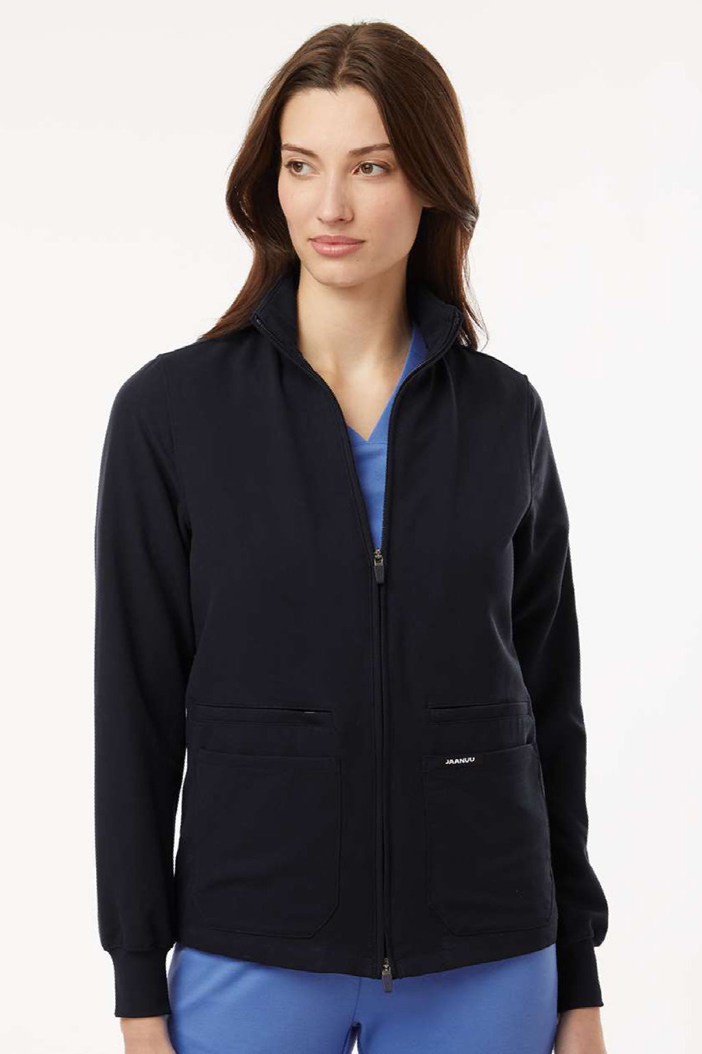 Jaanuu W60001 Unisex Ceri Essential 6 Pocket Full Zip Scrub Jacket Black Model Front