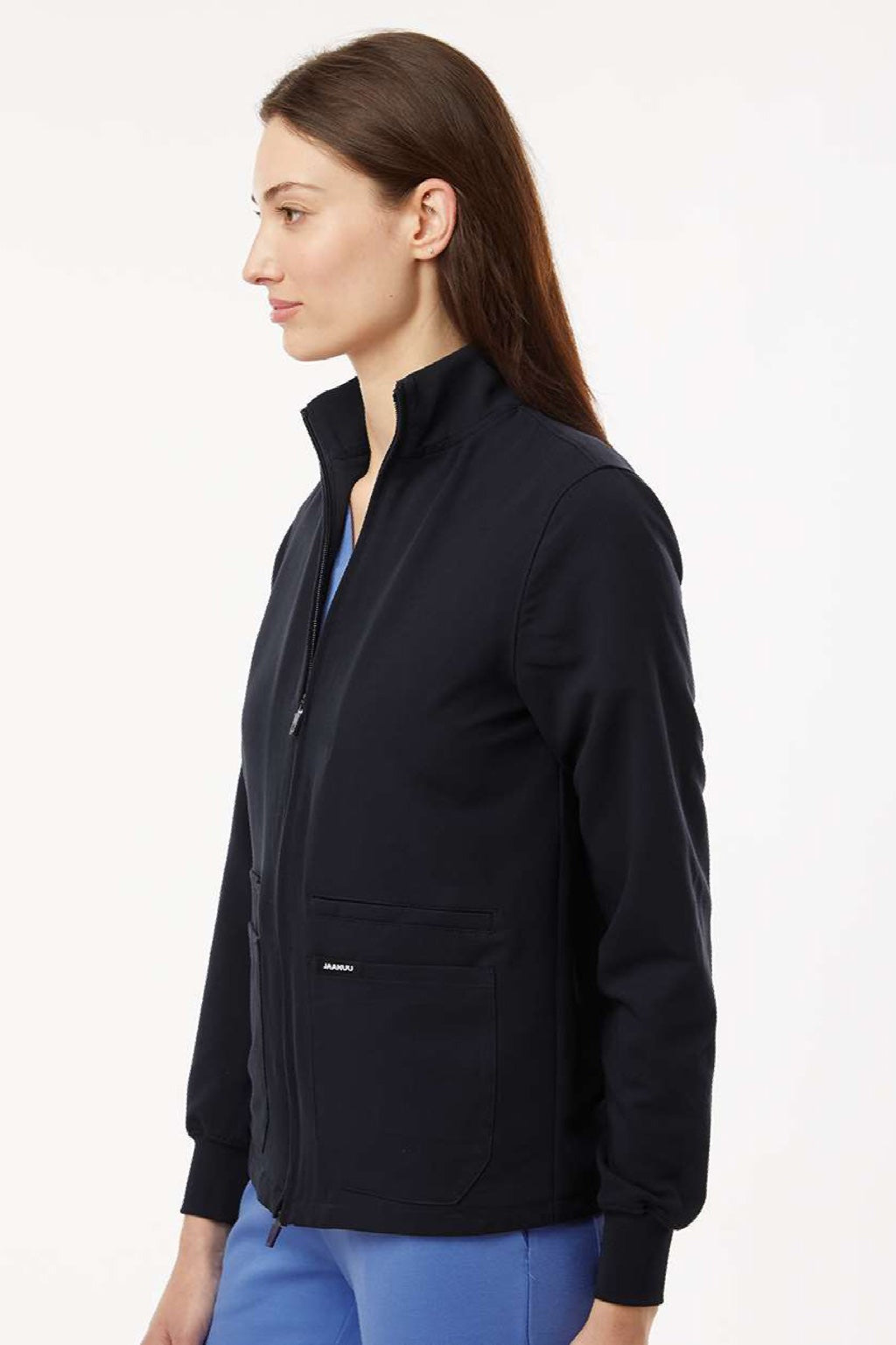 Jaanuu W60001 Unisex Ceri Essential 6 Pocket Full Zip Scrub Jacket Black Model Side