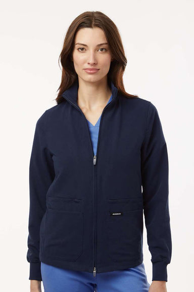 Jaanuu W60001 Unisex Ceri Essential 6 Pocket Full Zip Scrub Jacket Midnight Navy Blue Model Front