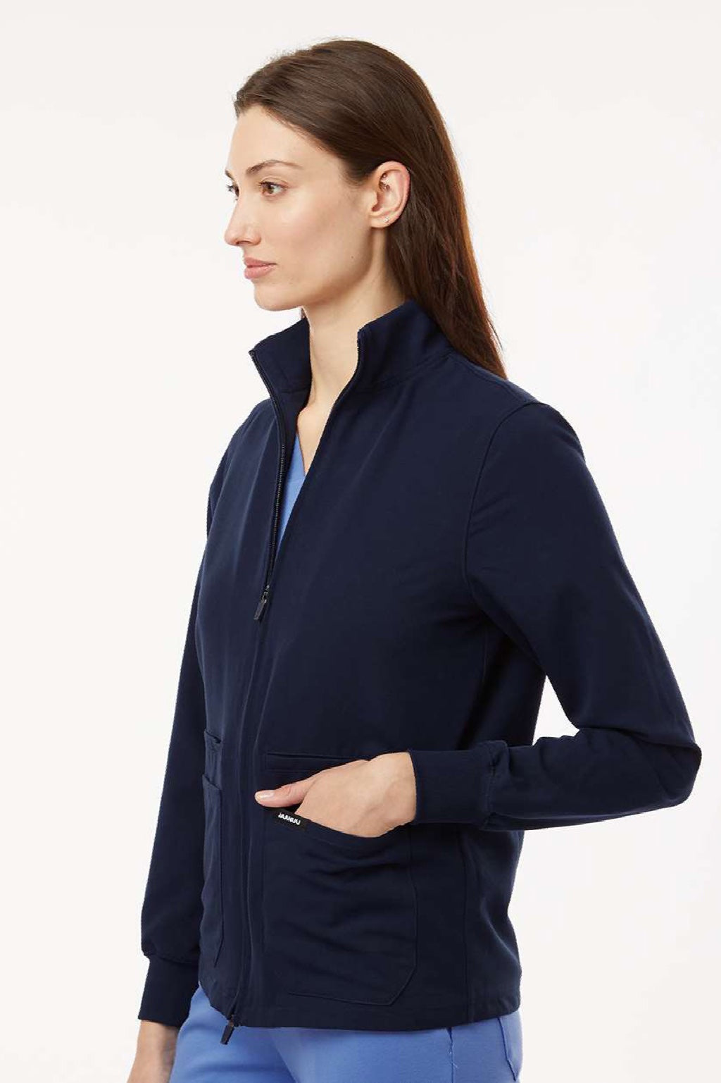 Jaanuu W60001 Unisex Ceri Essential 6 Pocket Full Zip Scrub Jacket Midnight Navy Blue Model Side