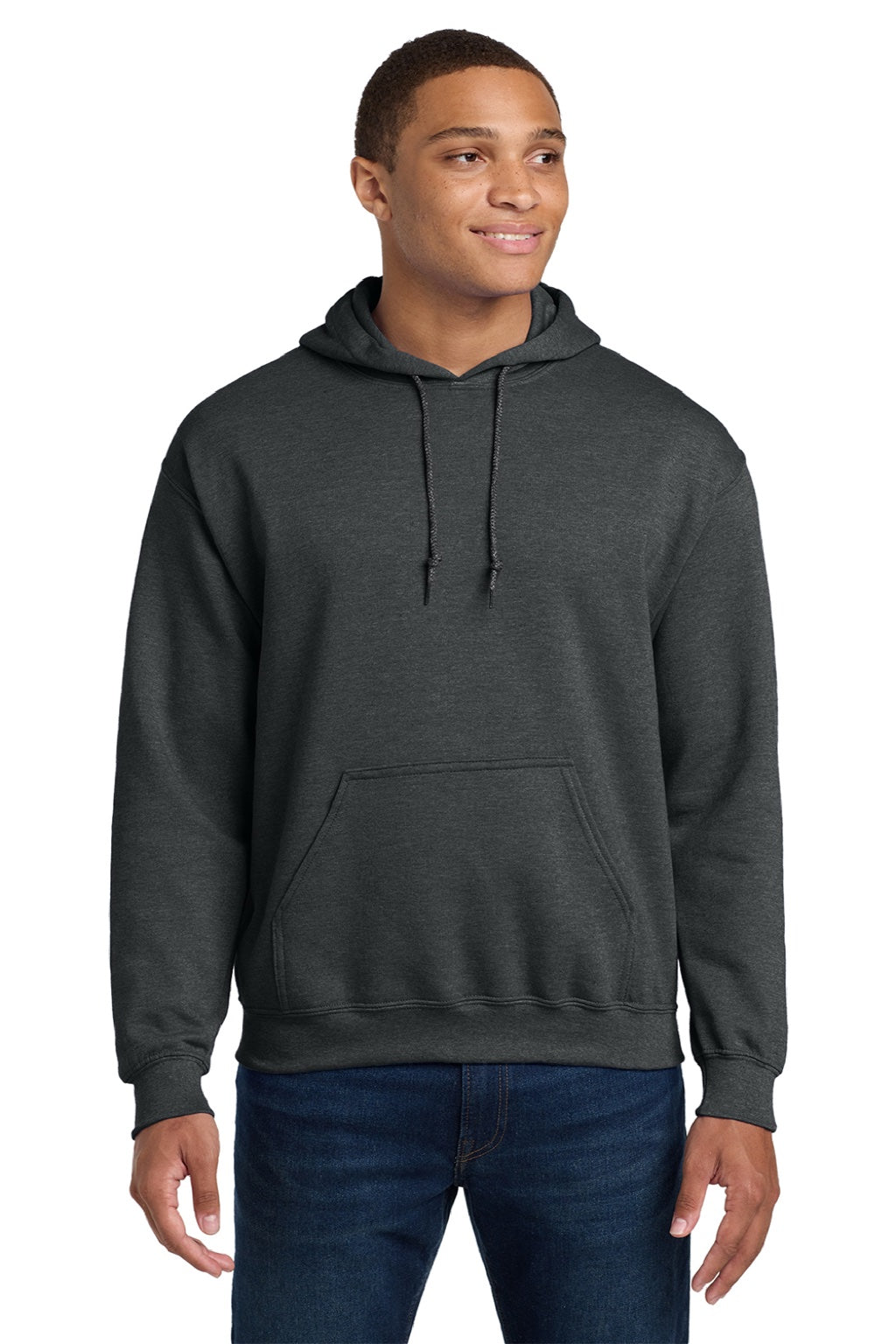 Gildan 18500 Mens Pill Resistant Hooded Sweatshirt Hoodie w/ Pouch Pocket Fan Heather Charcoal Grey Model Front