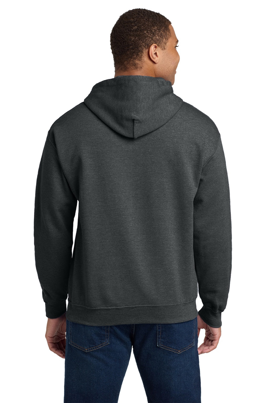 Gildan 18500 Mens Pill Resistant Hooded Sweatshirt Hoodie w/ Pouch Pocket Fan Heather Charcoal Grey Model Back
