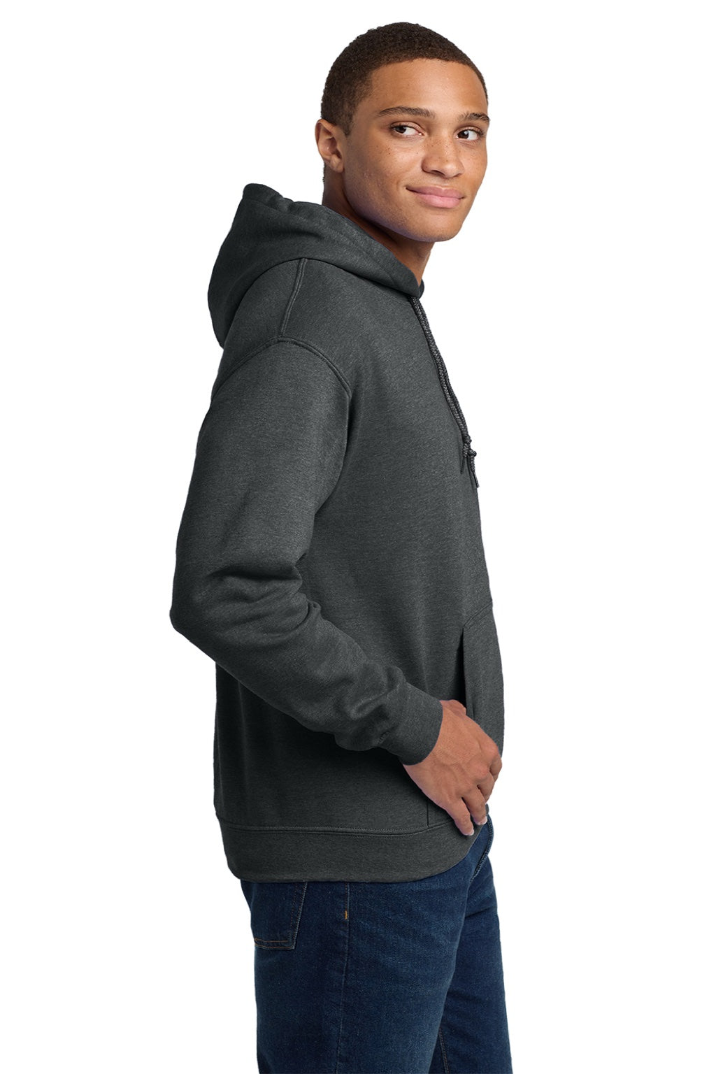 Gildan 18500 Mens Pill Resistant Hooded Sweatshirt Hoodie w/ Pouch Pocket Fan Heather Charcoal Grey Model Side
