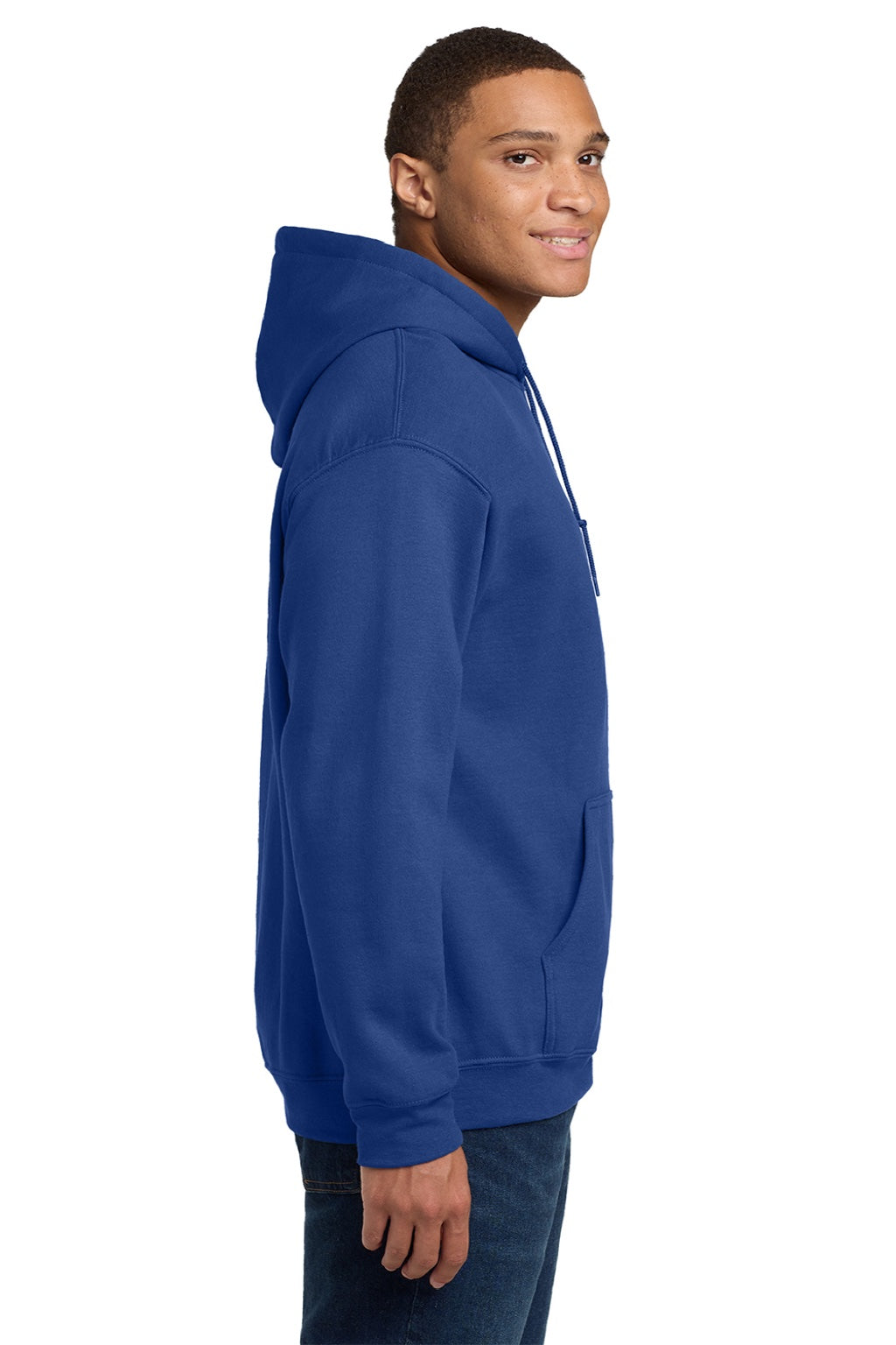 Gildan 18500 Mens Pill Resistant Hooded Sweatshirt Hoodie w/ Pouch Pocket Fan Deep Royal Blue Model Side