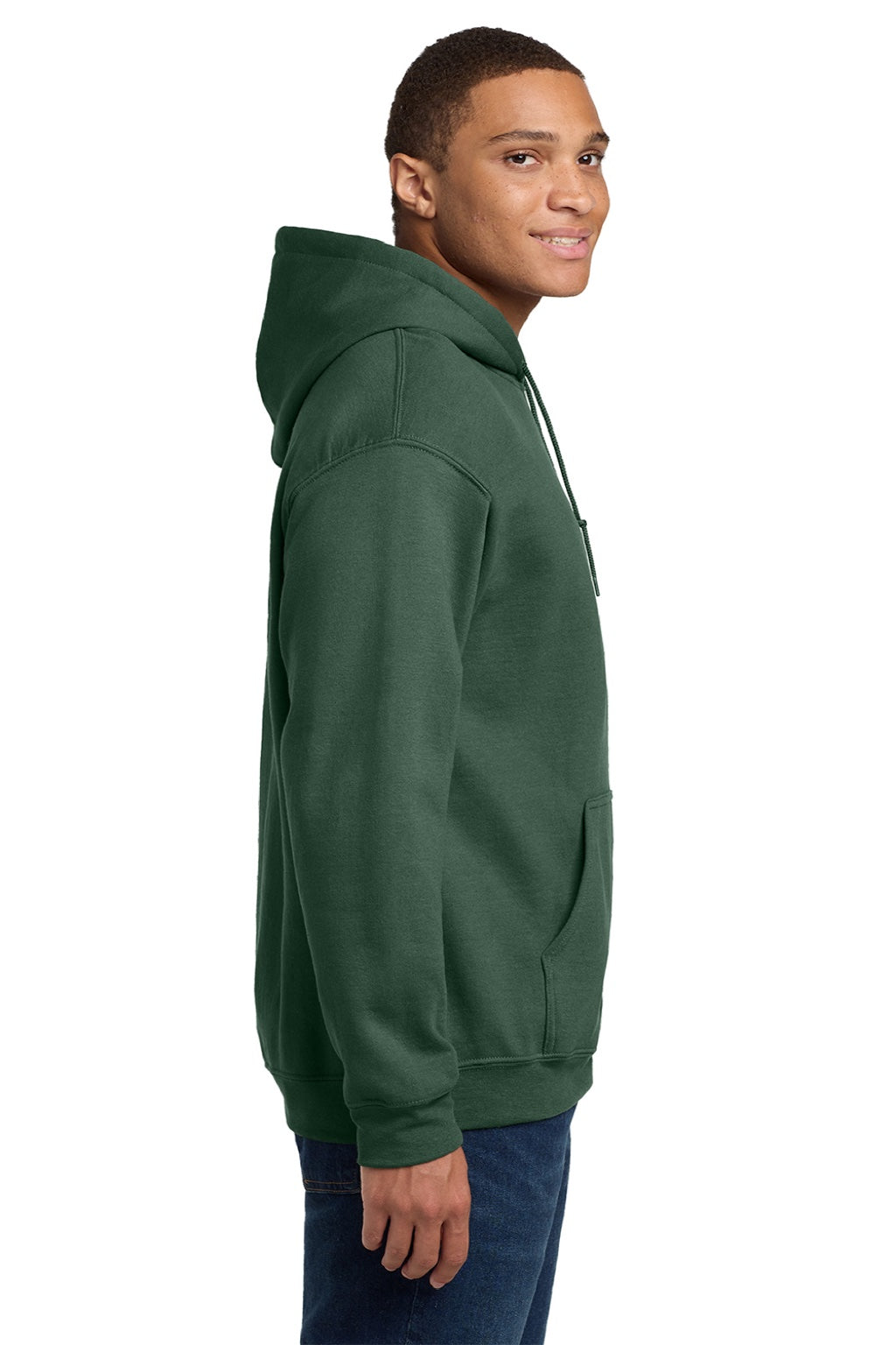 Gildan 18500 Mens Pill Resistant Hooded Sweatshirt Hoodie w/ Pouch Pocket Fan Dark Green Model Side