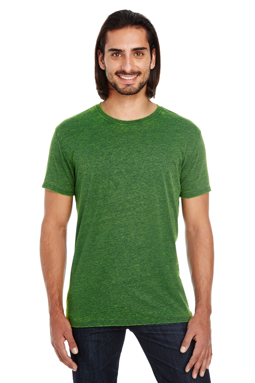 Threadfast Apparel 115A Mens Cross Dye Short Sleeve Crewneck T-Shirt Emerald Green Model Front