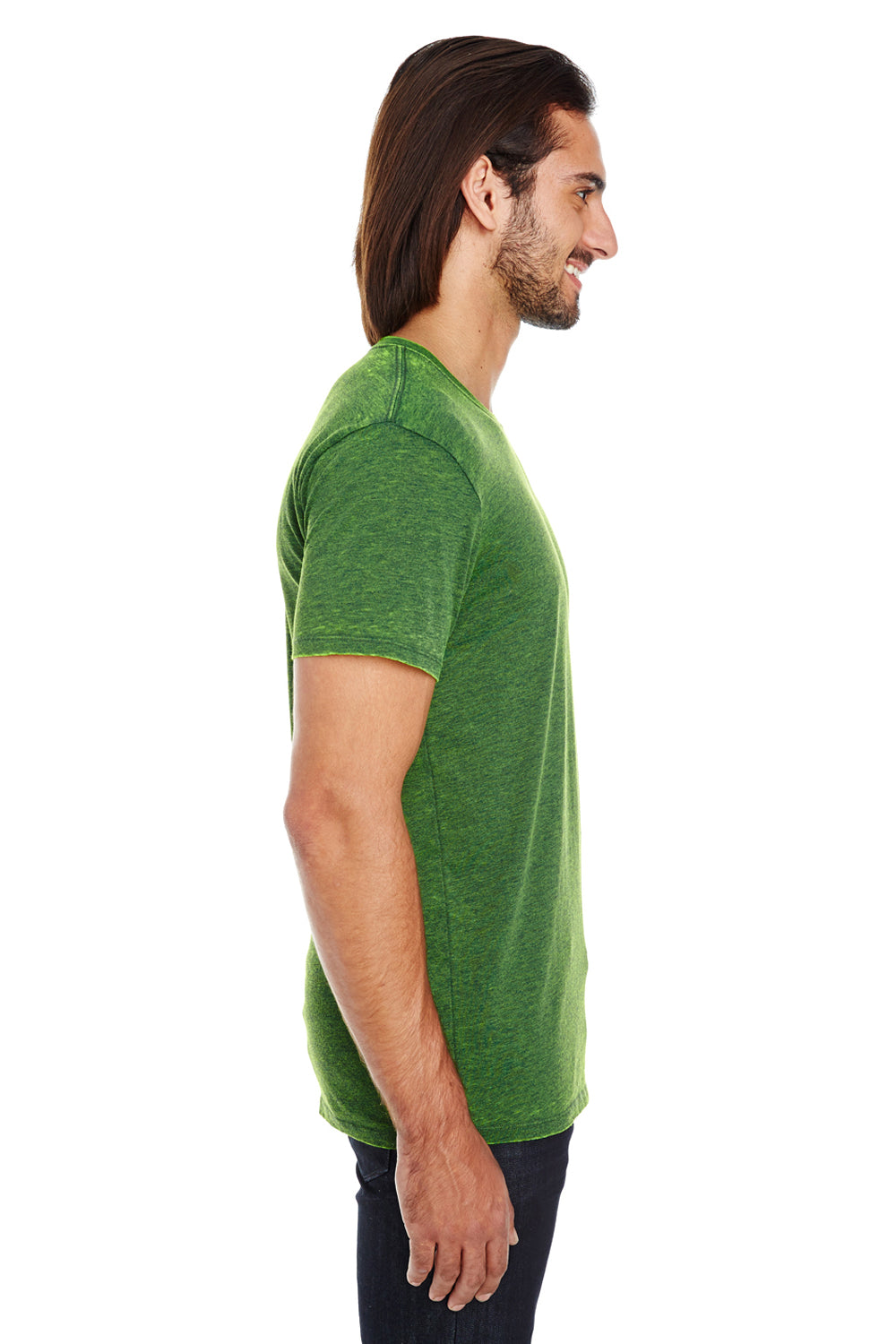 Threadfast Apparel 115A Mens Cross Dye Short Sleeve Crewneck T-Shirt Emerald Green Model Side