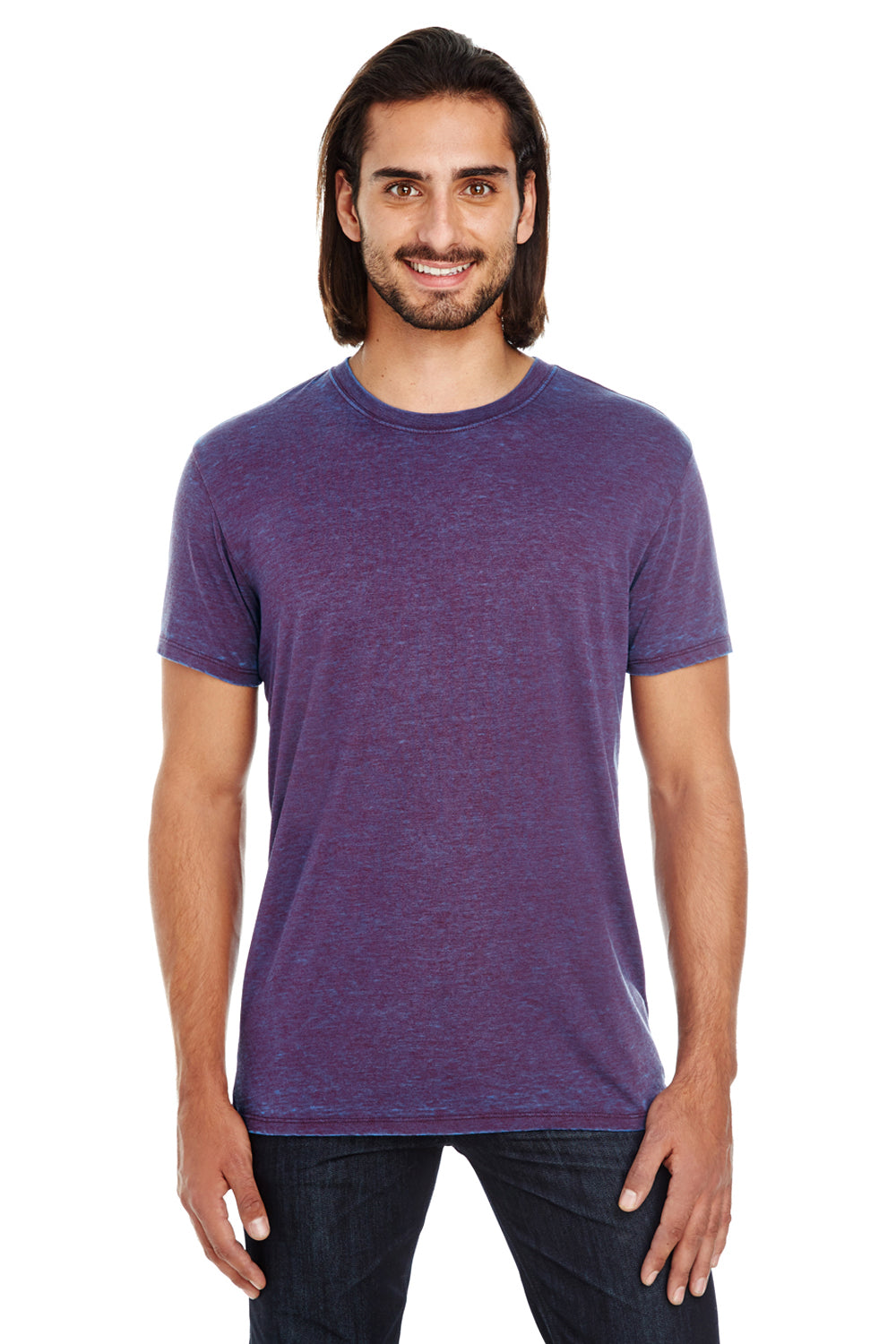 Threadfast Apparel 115A Mens Cross Dye Short Sleeve Crewneck T-Shirt Berry Purple Model Front