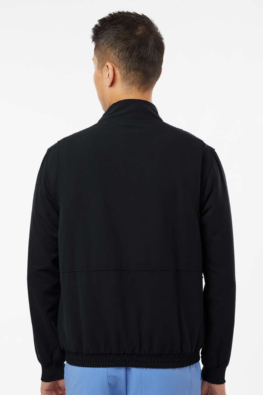 Jaanuu M60001 Unisex Wolfe Everyday 6 Pocket Full Zip Scrub Jacket Black Model Back