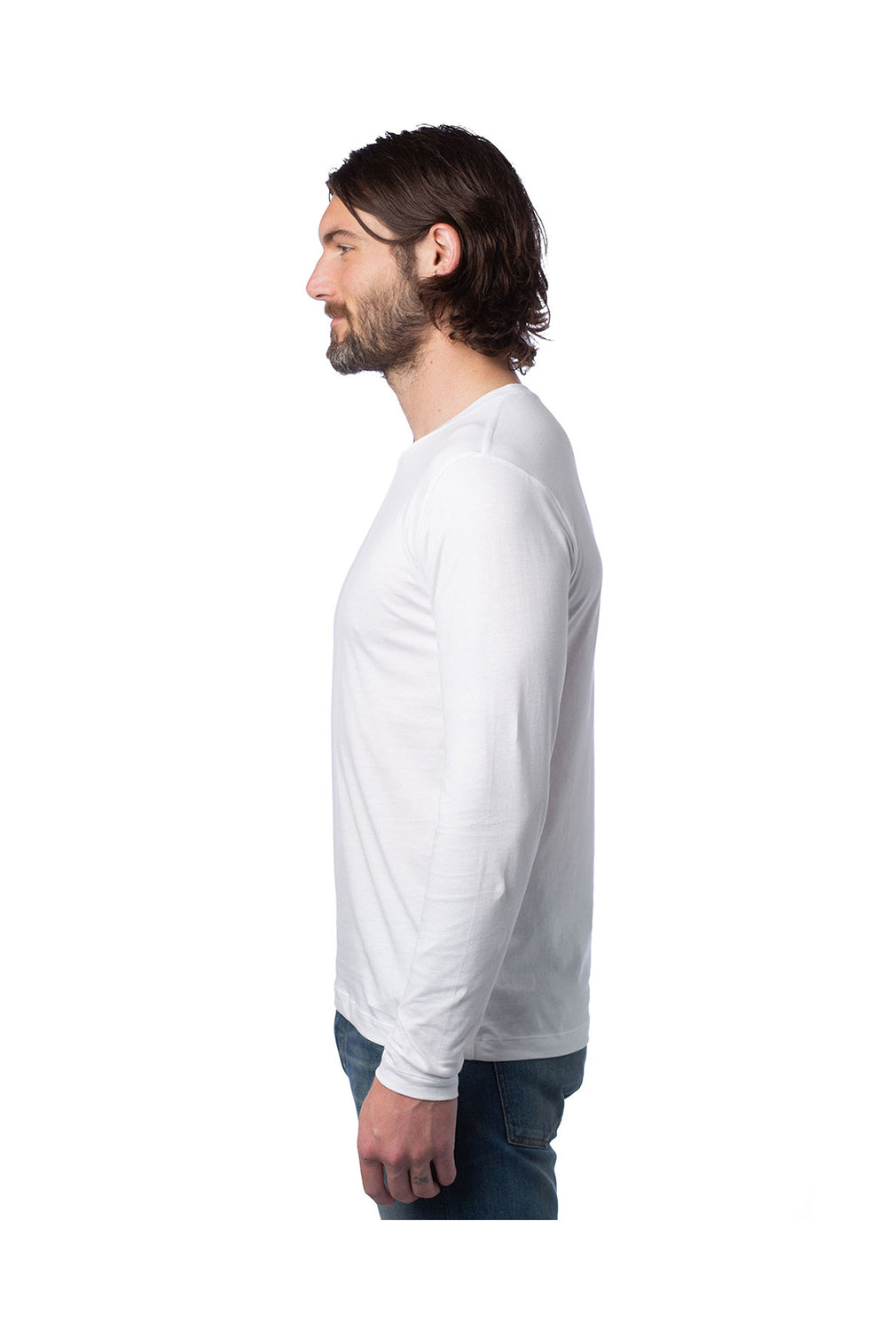 Alternative 1170C1 Mens Go-To Long Sleeve Crewneck T-Shirt White Model Side