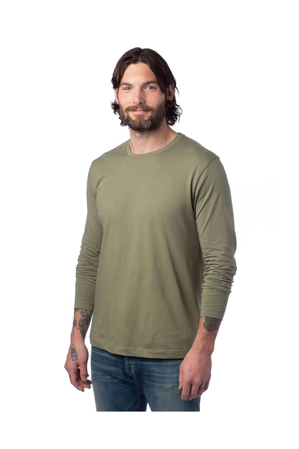 Alternative 1170C1 Mens Go-To Long Sleeve Crewneck T-Shirt Military Green Model 3Q