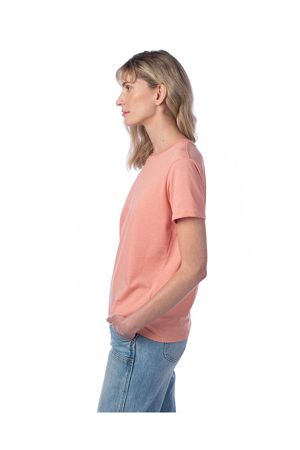 Alternative 1172CV Womens Her Go-To CVC Short Sleeve Crewneck T-Shirt Heather Sunset Coral Model Side