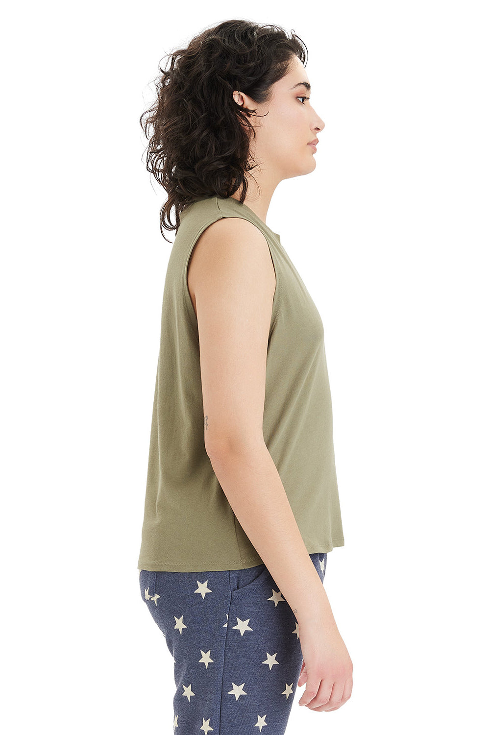 Alternative 1174 Womens Go To Crop Muscle Tank Top Military Green Model Side