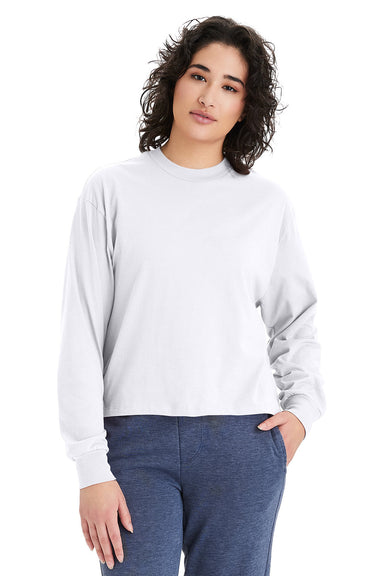 Alternative 1176 Womens Croppd Long Sleeve Crewneck T-Shirt White Model Front