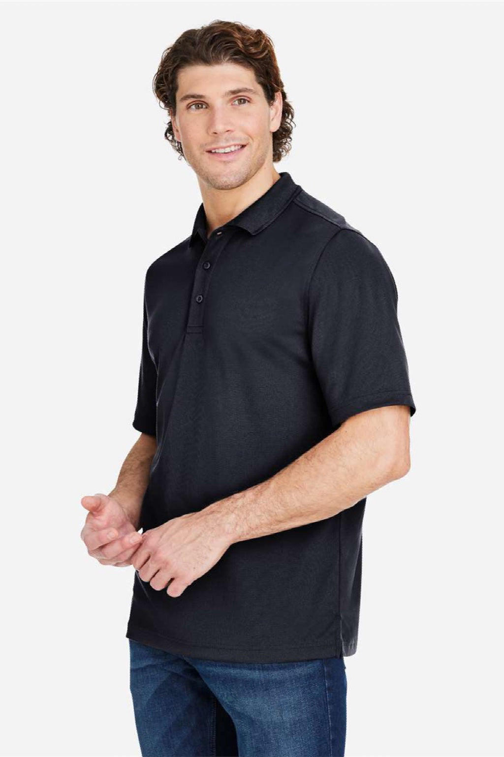 Core 365 CE104 Mens Market Snag Resistant Mesh Short Sleeve Polo Shirt Black Model Side