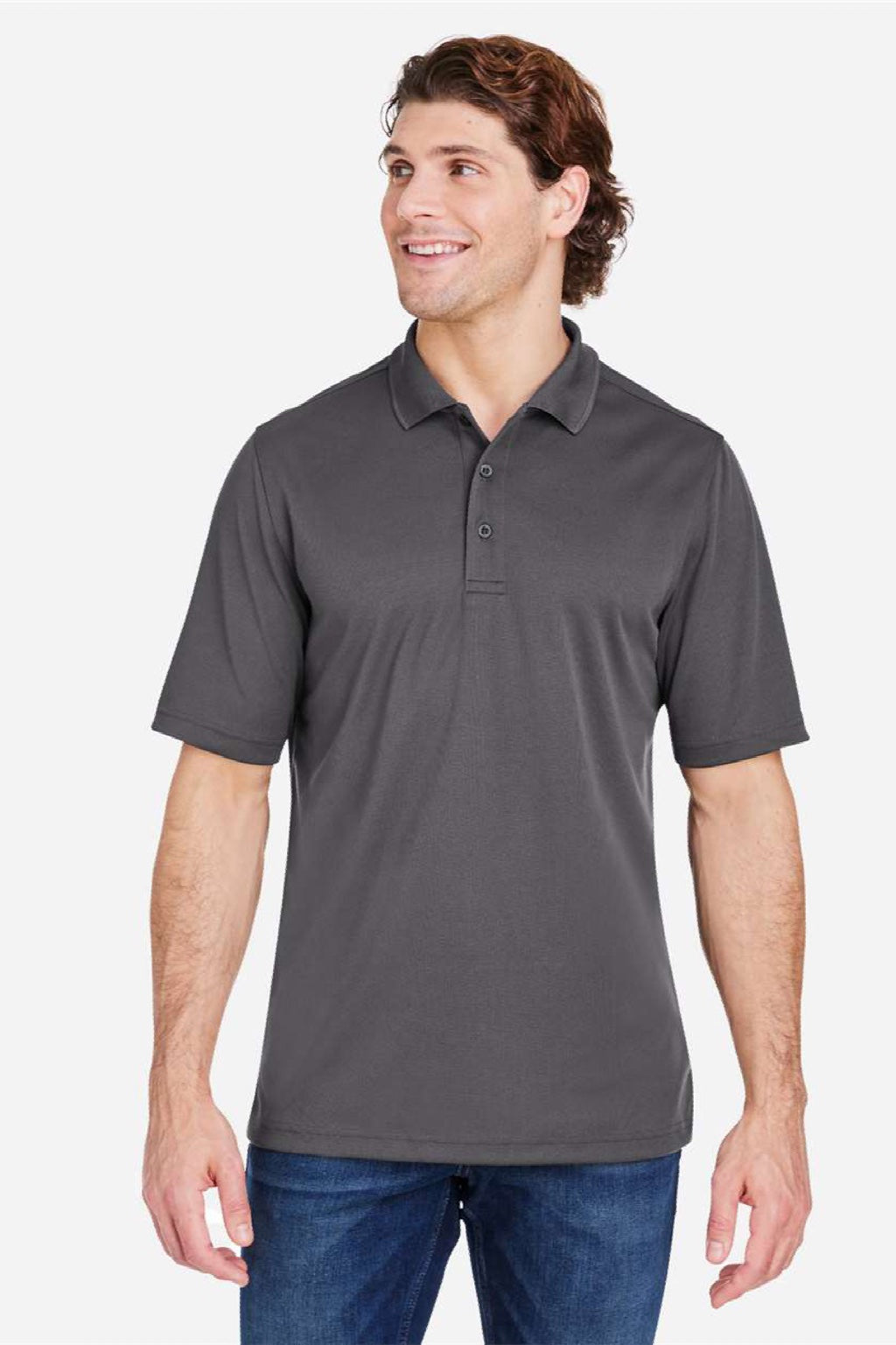 Core 365 CE104 Mens Market Snag Resistant Mesh Short Sleeve Polo Shirt Carbon Grey Model Front