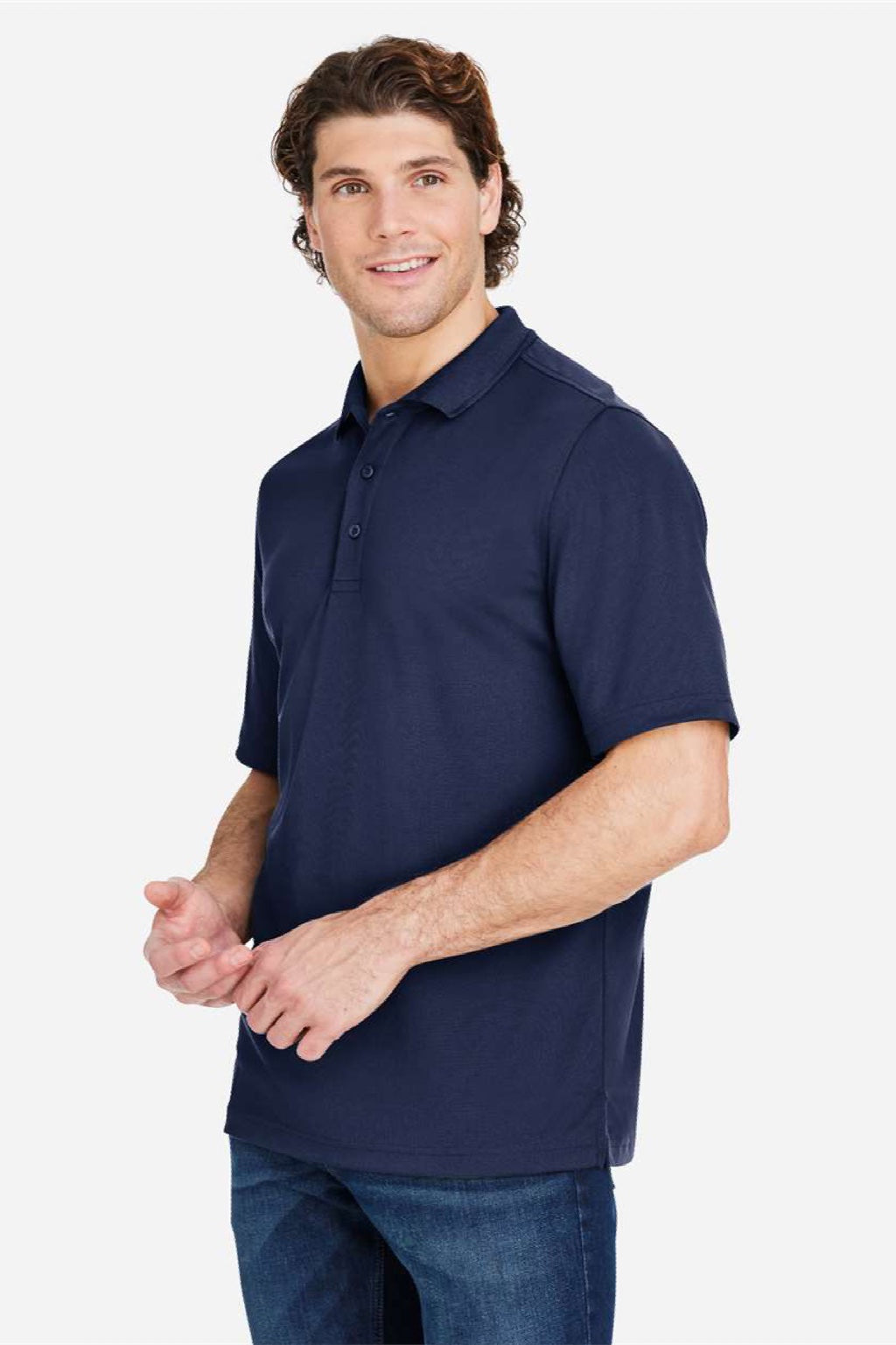 Core 365 CE104 Mens Market Snag Resistant Mesh Short Sleeve Polo Shirt Classic Navy Blue Model Side