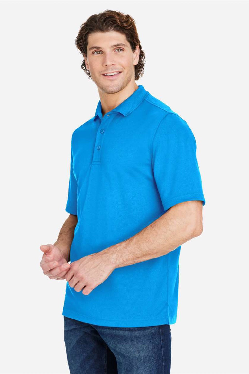Core 365 CE104 Mens Market Snag Resistant Mesh Short Sleeve Polo Shirt Electric Blue Model Side