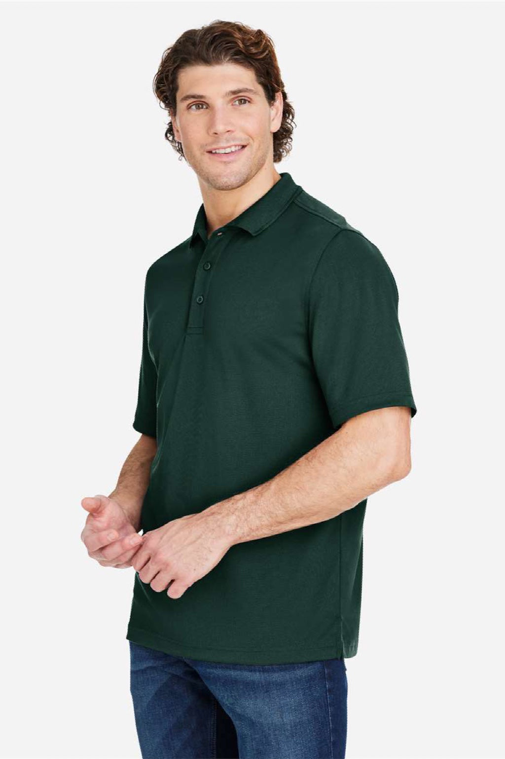 Core 365 CE104 Mens Market Snag Resistant Mesh Short Sleeve Polo Shirt Forest Green Model Side