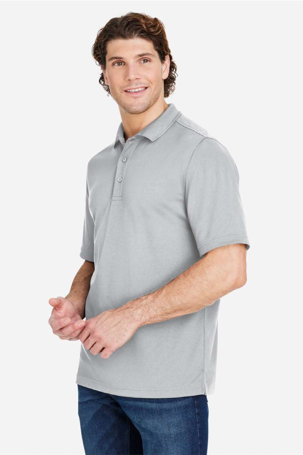 Core 365 CE104 Mens Market Snag Resistant Mesh Short Sleeve Polo Shirt Platinum Grey Model Side